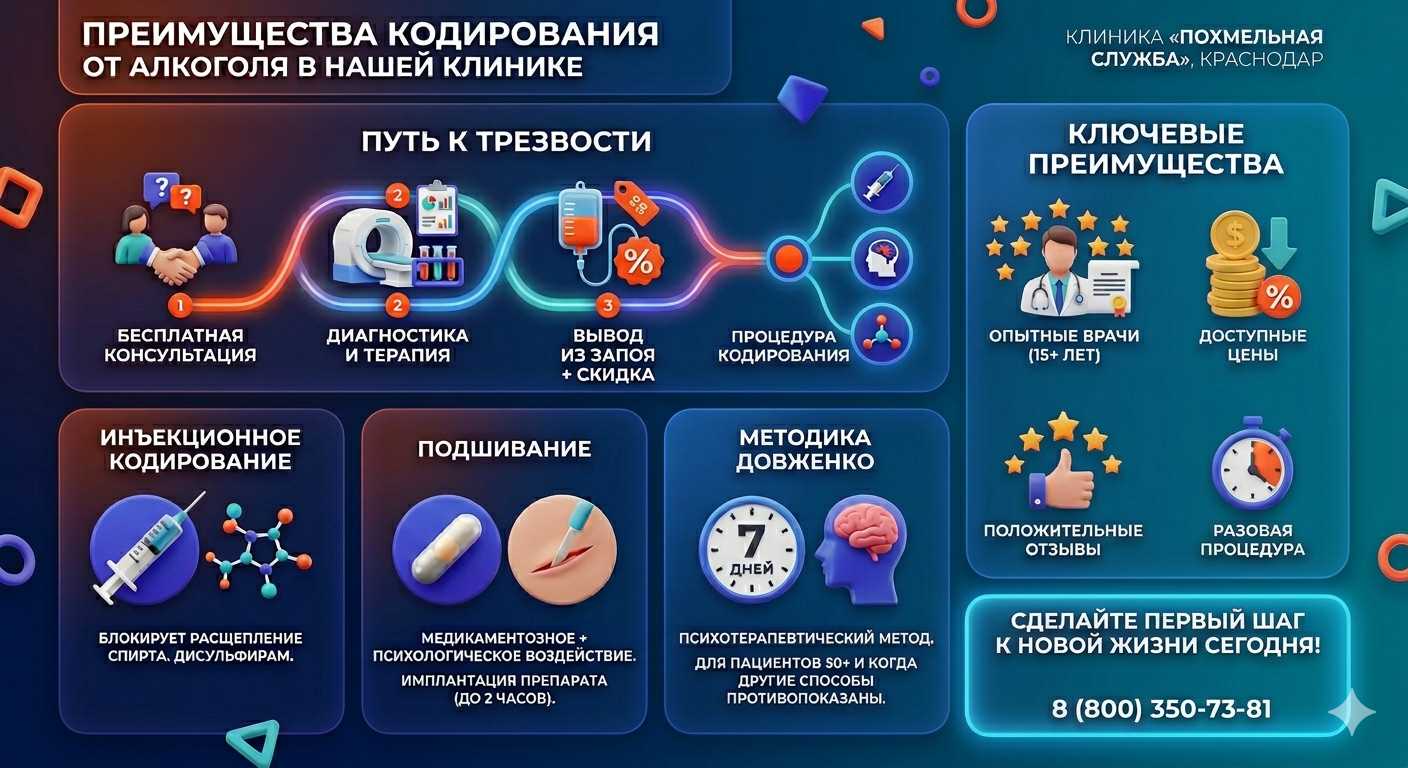 Инфографика о методах кодирования от алкоголя в Целинном: инъекции, подшивание, метод Довженко. Преимущества клиники и этапы лечения.